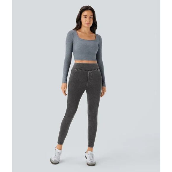 Halara Denim Leggings Womens Small Black High Waisted Jeggings Stretch Pants - Picture 1 of 8